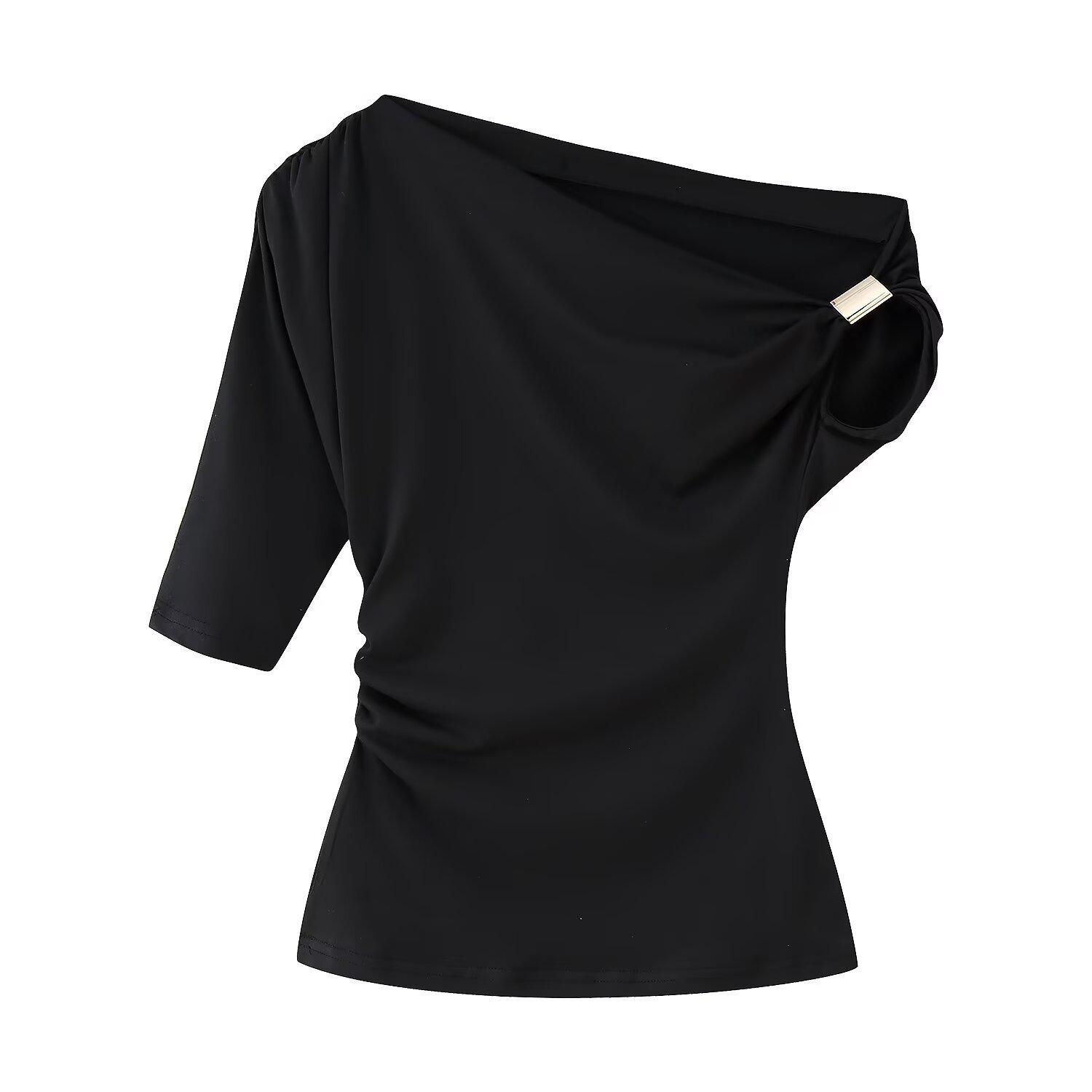 

2025 Summer Asymmetrical Short Sleeve T-shirt for Women - European and American Style Medium