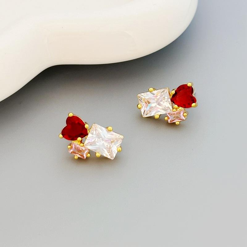 High-End Love Square Earrings Women'S Light Luxury Super Flash Zircon Contrasting Earrings