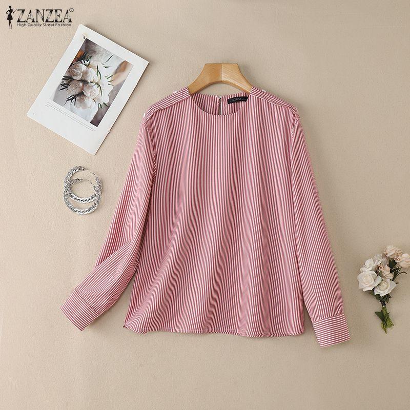 ZANZEA Women Casual Round Neck Loose Long Sleeve Stripe Blouse