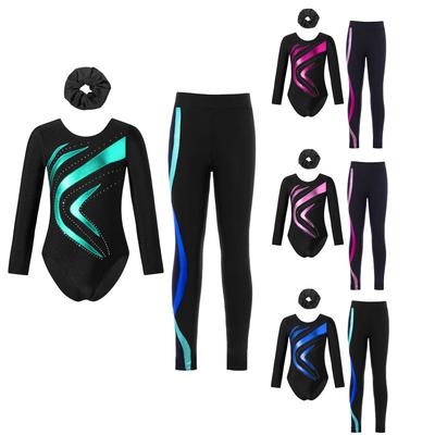 3Pcs Girls Gymnastics Dance Set Metallic Patchwork Leotard with Rhinestones Leggings Hairband Long Sleeve