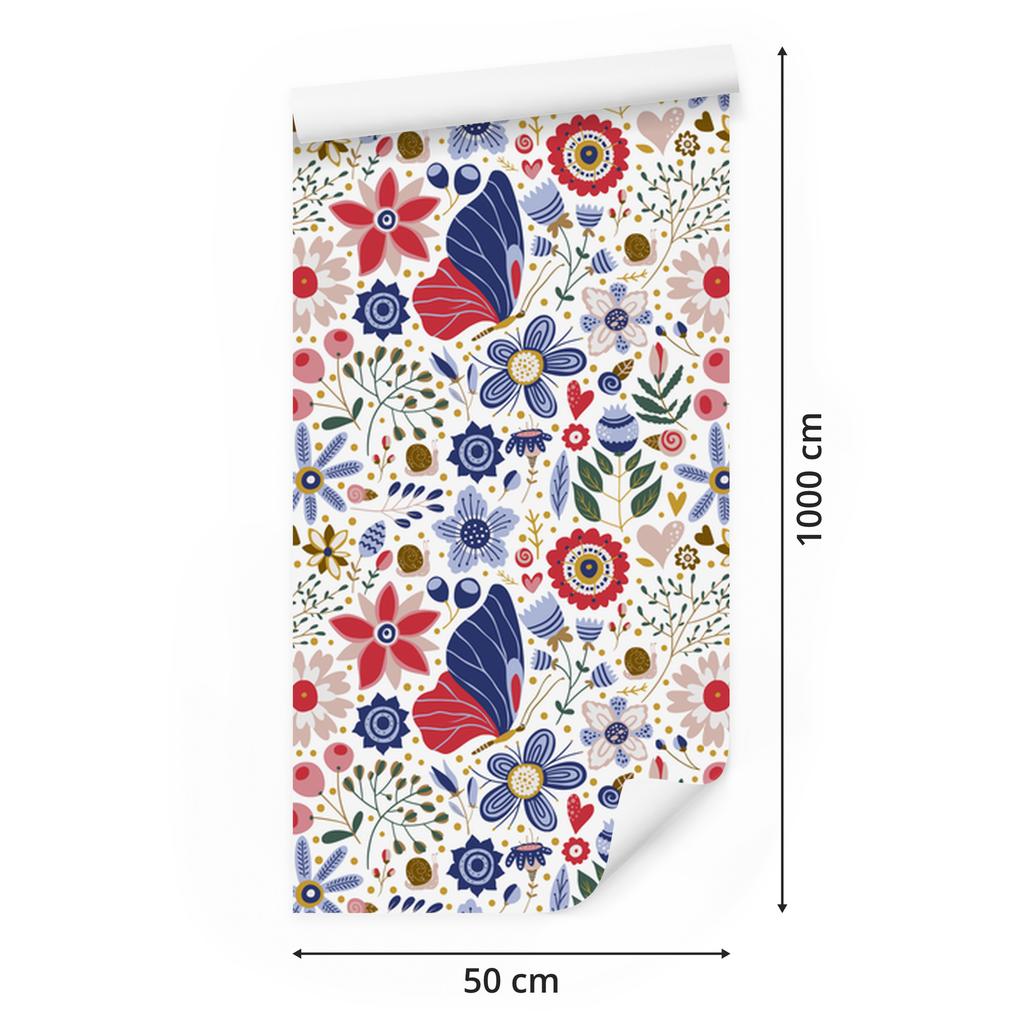 Folk Flowers Wallpaper White and Blue for Living Room and Bedroom 50x1000