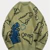 Dam Oversized Tröja med Dinosauriemönster - Mysig Långärmad Pullover för Vardagsbruk