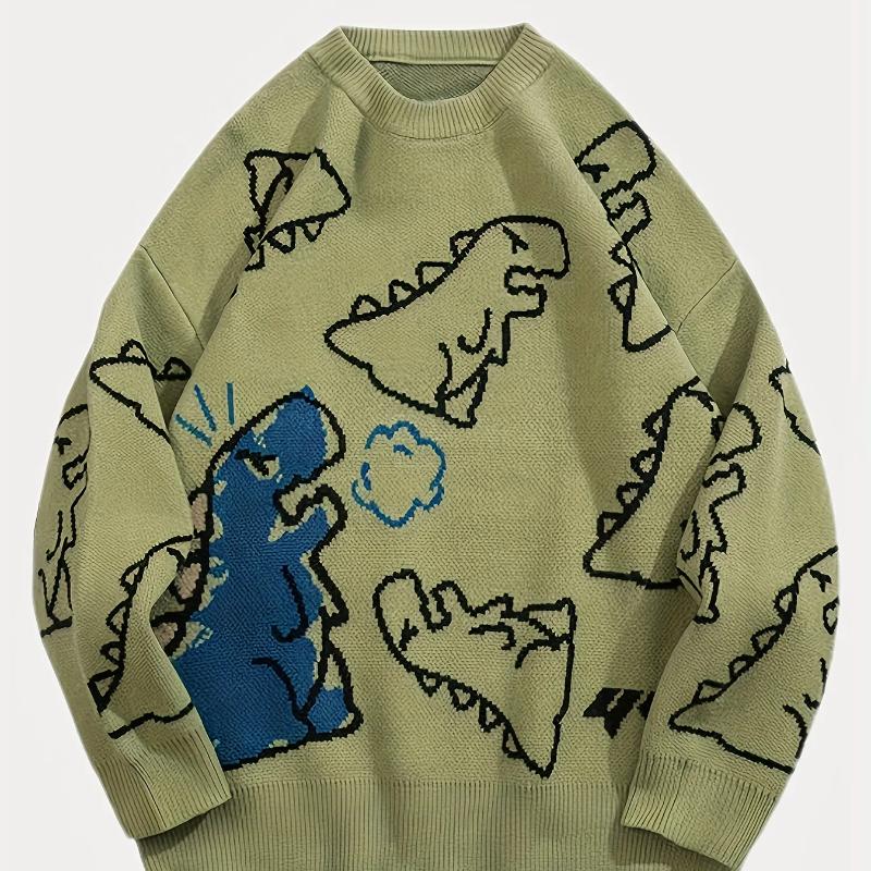 Damen Oversized Pullover mit Dinosaurier-Muster - Gemütlicher Langarm-Pullover für Freizeitkleidung