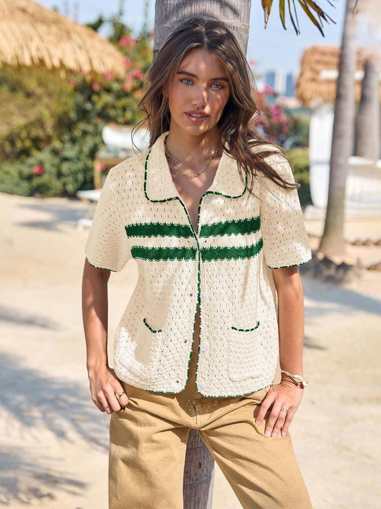 Women's Striped Crochet Knit Cardigan Short Sleeve Button Down Hollow Out Y2K Top