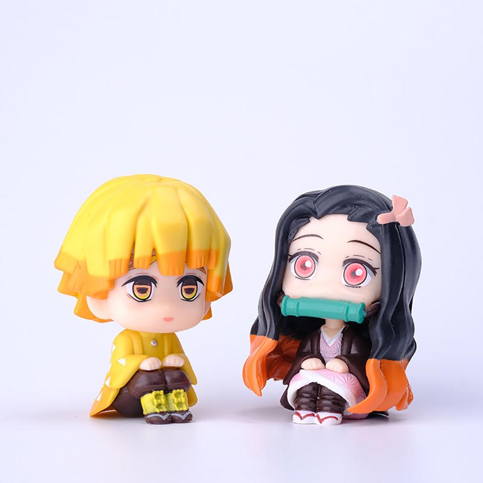 8Pcs/Set Q Version Demon Slayer Sitting Ghost Doll Tanjiro Nidouzi Inosuke Zenizu Toy Figural Pvc Statue Collectible Model Gift