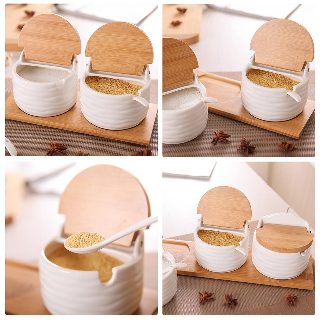 Salt Bowl with Lid and Spoon Ceramic Container for Storing Spices and Seasonings Kitchen Countertop Decorative Sugar Jar