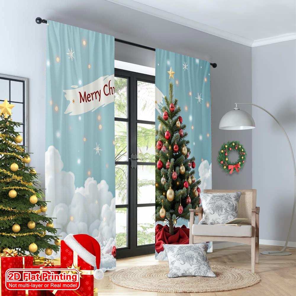 2pcs 2D Flat Printing Merry Christmas Popular Party Window Curtains Merry Christmas Tree 100% Polyester Fabric Without