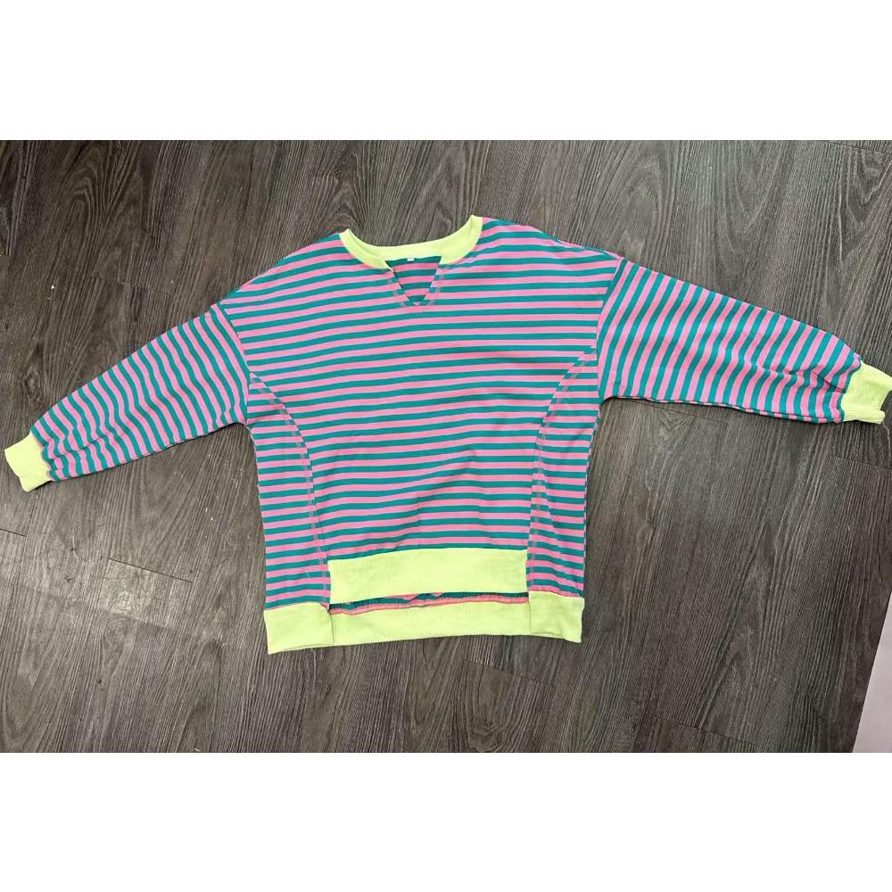 Autumn and Winter Colorful Striped V-neck Loose Sports Women's Hoodies & Sweatshirts