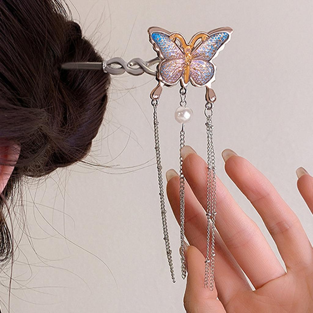 Colorful Butterfly Tassel Hair Sticks Retro Chinese Style Hair Forks Chain Tassel Hairpins Hair Bun Maker Jewelry for Women