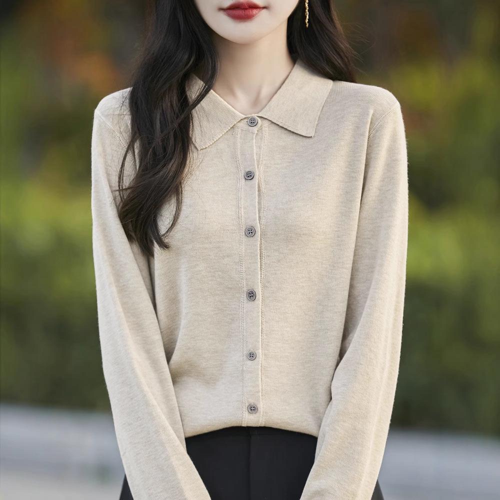 Women's Spring 2025 Lapel Cardigan Sweater - Knitwear Shirt Collar Base Layer or Outerwear Top