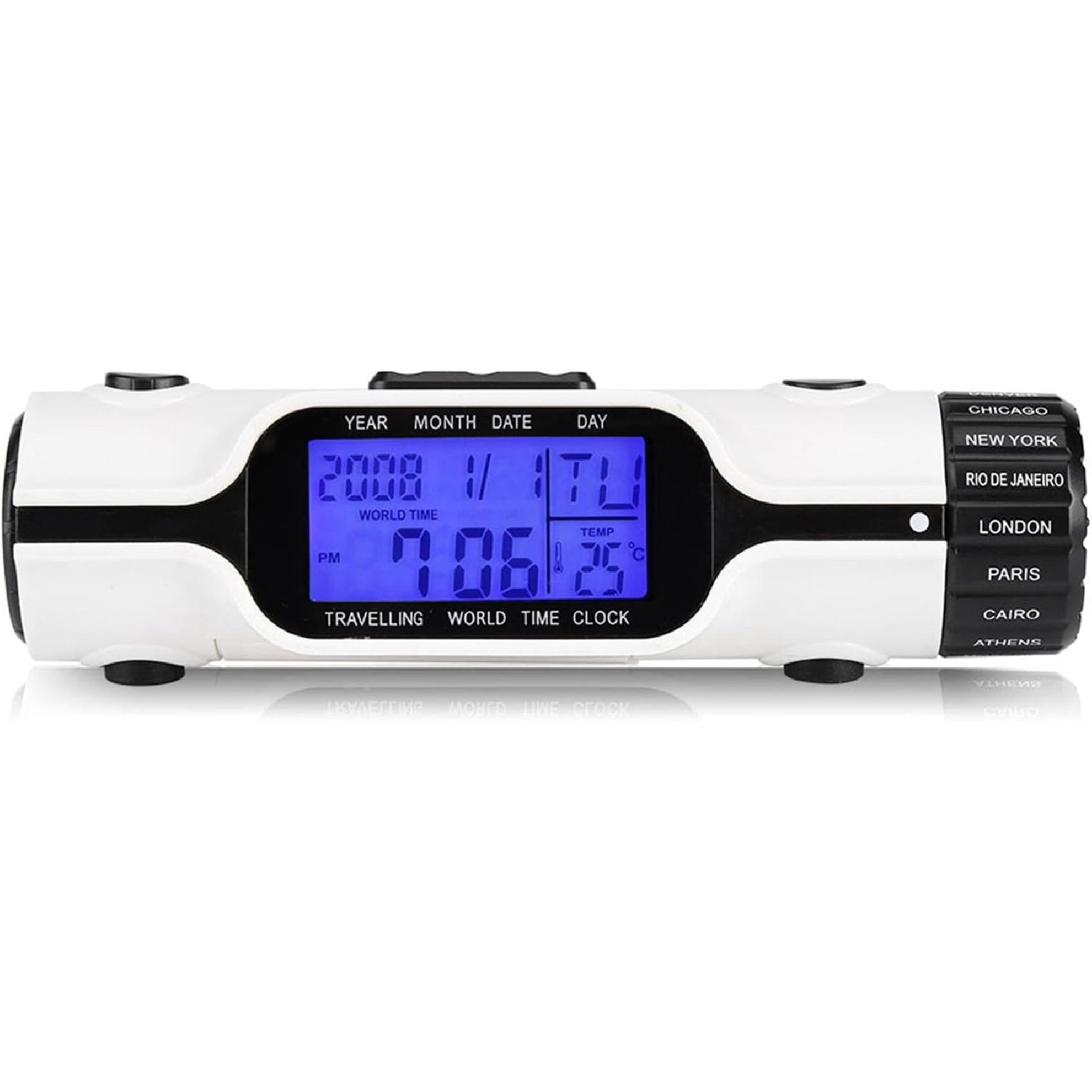 AUNMAS World Time Travel Clock, LED Perpetual Calendar Clock Portable Flashlight LED Pocket Sized Multi Time Zone Digital World Alarm Clock