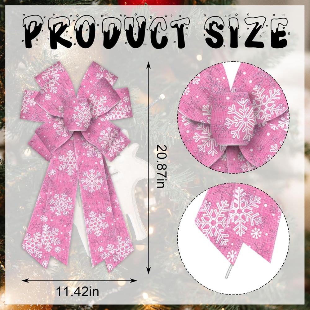 Large Pink Snowflake Christmas Wreath Bow for Front Door Wall Fence Decor Tree Topper Bow for Christmas Party Decoration Supplie