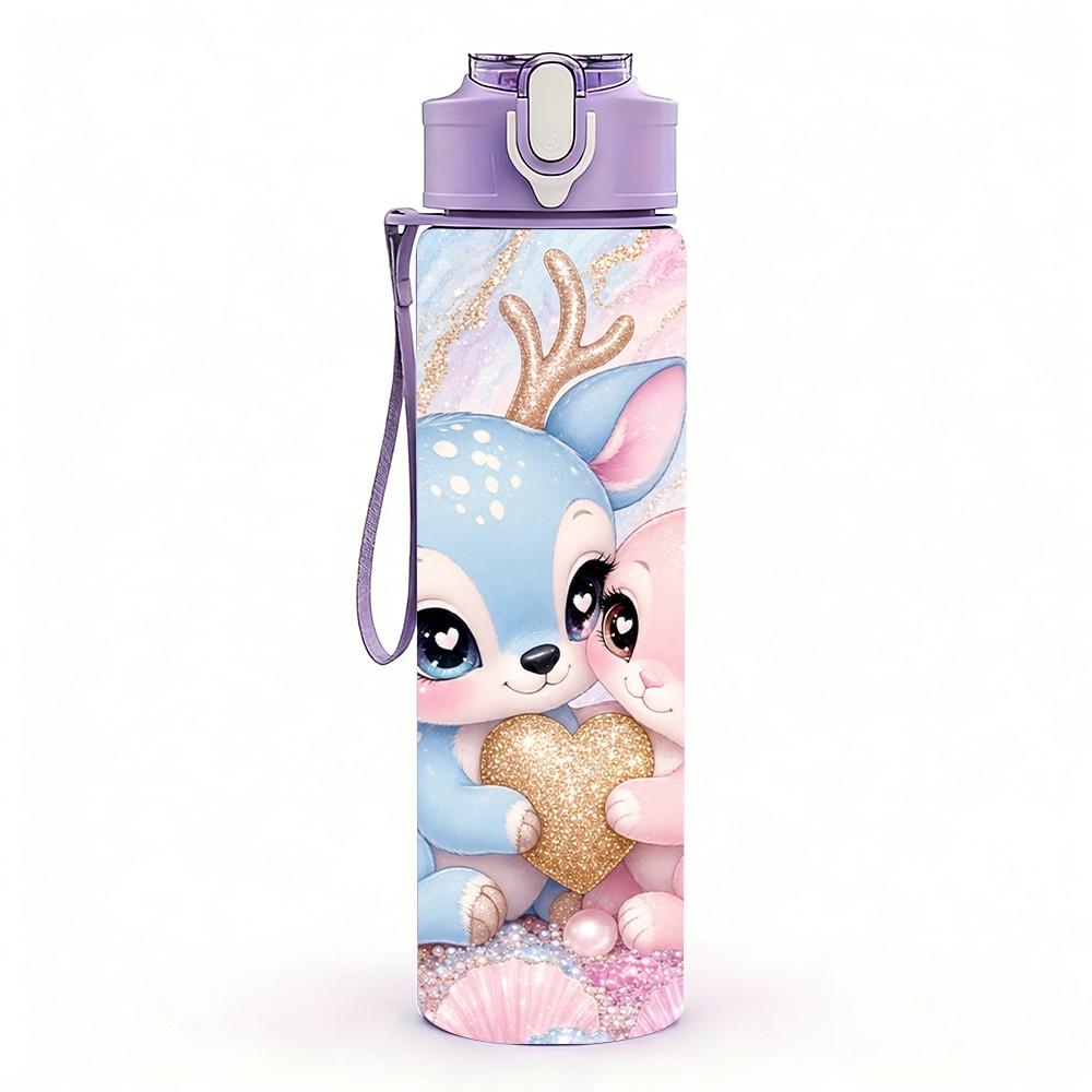 1PC Cute Deer Fawn Pastel Art 750ml Color Plastic Sports Water Bottle Leakproof Flip Straw Lid Suitable for Sports Office Home Use