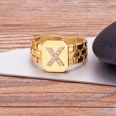 New Arrival Fashion Gold Color Initial Ring Open Design Adjustable Hot Sale Watchband Chain A-Z Letters Zircon Rings For Women