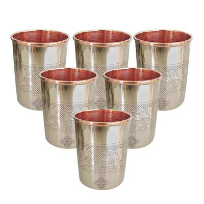 Steel and Copper Glass Tumbler, Embossed Design, Drinkware, 250 ML Each, Set of 6
