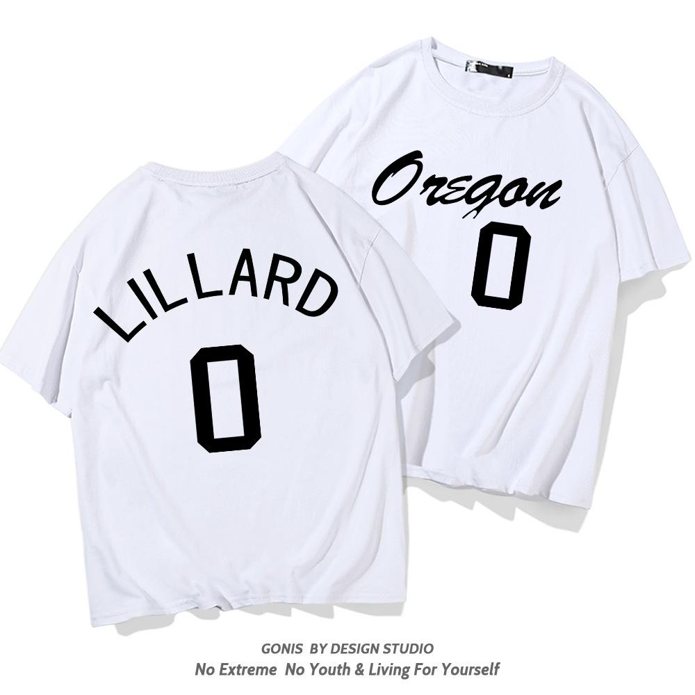 Portland Trail Blazers Lillard No. 0 Short Sleeve T-Shirt Men s and Women s Summer Basketball Sports Cotton Loose Half Sleeve XXS