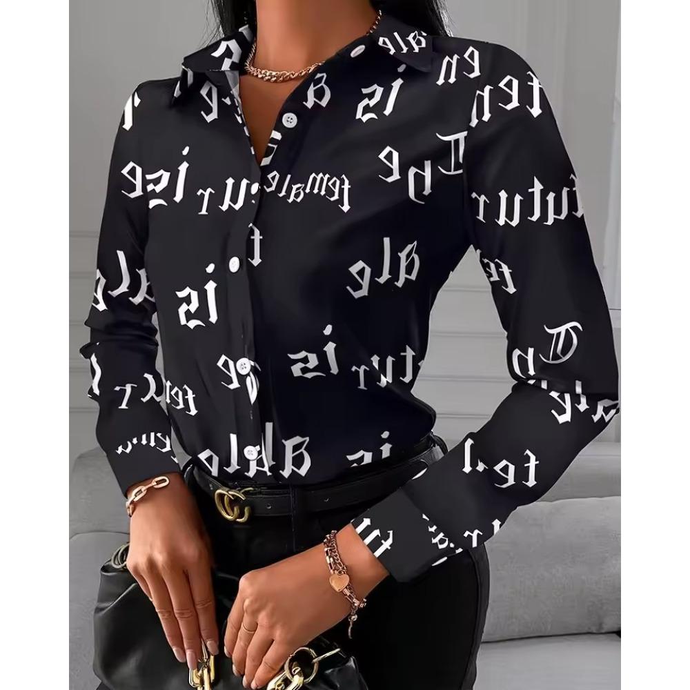 Women Print V-Neck Button Long Sleeve Shirt Loose Casual Holiday Tops Blouse