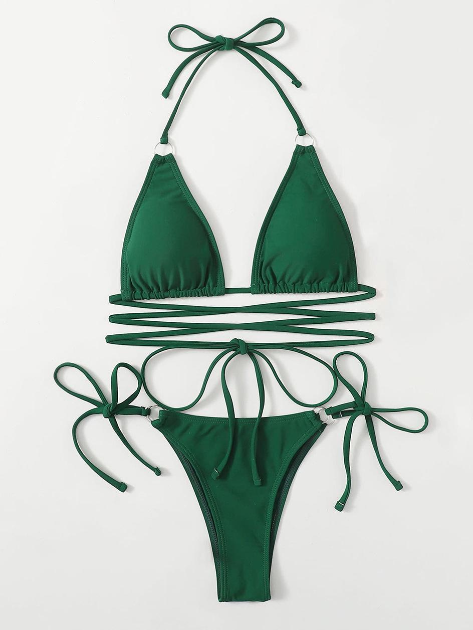 

Split bikini new solid color lace-up BIKINI women s sports swimsuit L темно-зелений колір