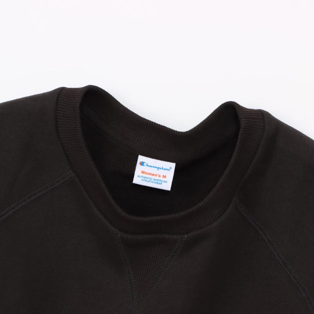 Champion Basic Cotton USA Short Sleeve Sweatshirt In Off Featuring a Crew Fleece and a Logo Women's (CW-B005) Black, Neck, Lining, One-point