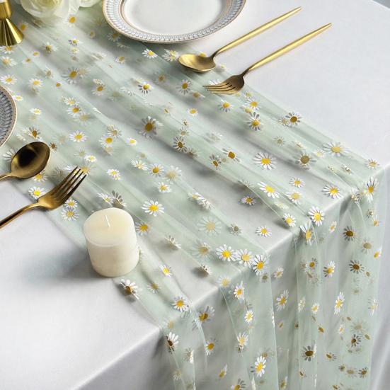 Tüll Gänseblümchen Tischläufer Frühling Blumiger Tischläufer Rustikaler Blumen Tischläufer für Hochzeit Babyparty Geburtstagsparty Bauernhaus Dekor
