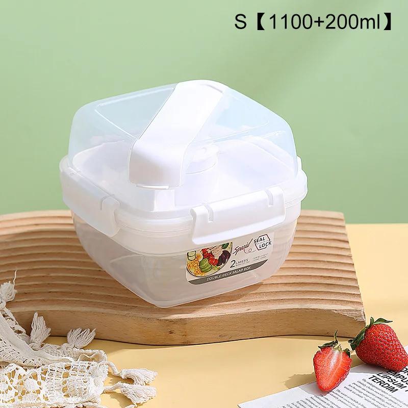 Portable 2 Layer Salad Bowls with Fork 1300ml/1600ml Lunch Box Sealed Leakproof Bento Boxes Reusable Picnic Box Food Container