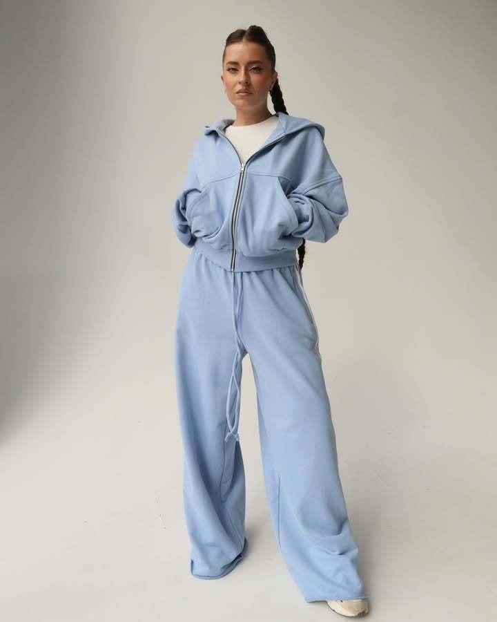 Sport und Freizeit neue Kapuzenjacke Kordelzug locker gerade kontrastierende gestreifte Hose Wide-Leg-Hose zweiteiliges Set Damen