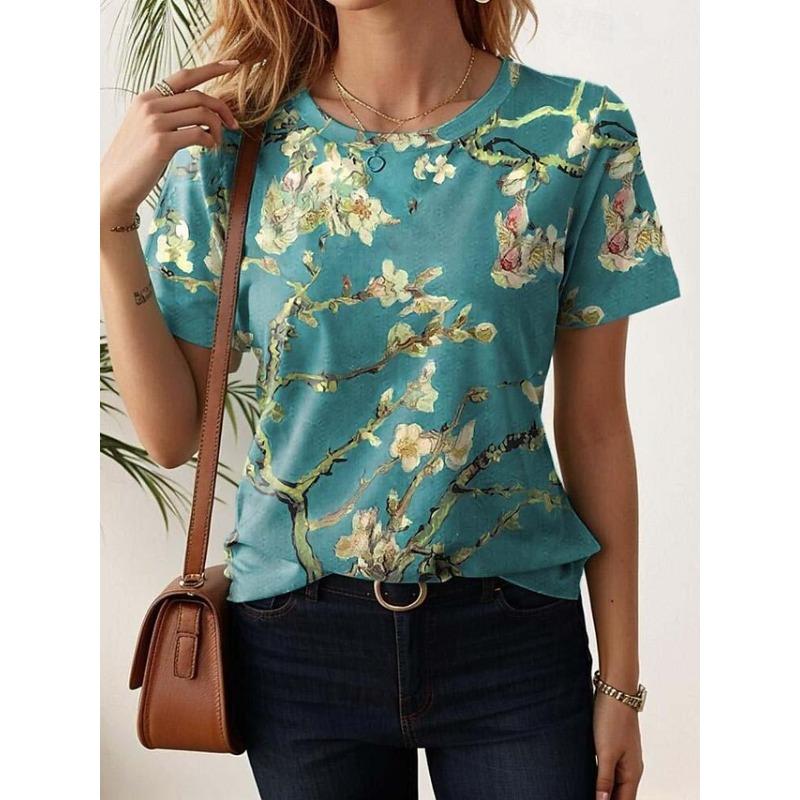 Casual and Versatile High-quality Flower Patterned Short Sleeved Round Neck Top Women's T-shirts