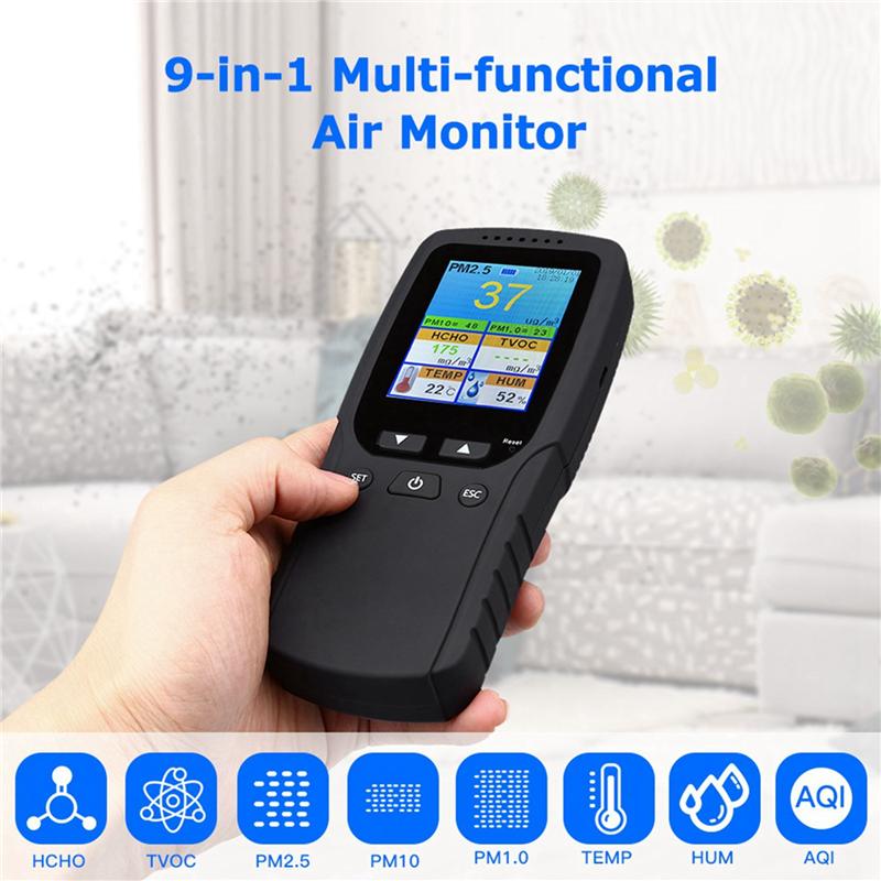 A96I-2X 9 In 1 Air Quality Monitor Indoor Outdoor PM2.5, PM1.0, PM10, HCHO, Detector Tester Temperature And Humidity Sensor