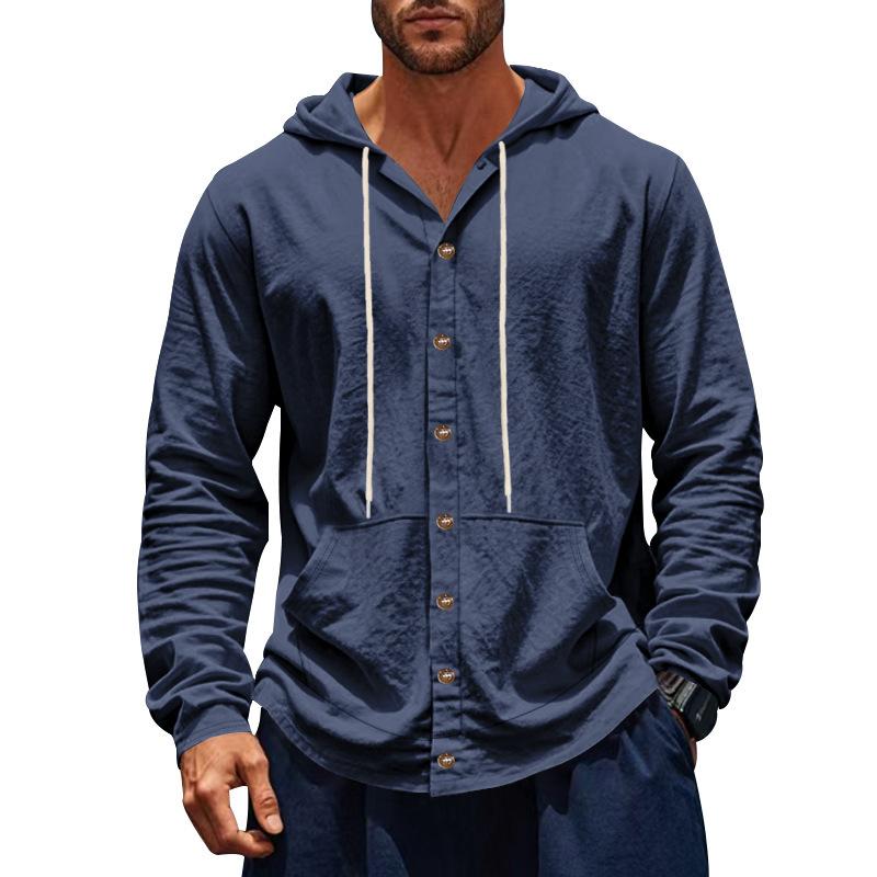 Camisa Holgada de Primavera Otoño para Hombre Lino Suelta Casual Sencilla con Capucha Manga Larga Forro Botonadura Sencilla