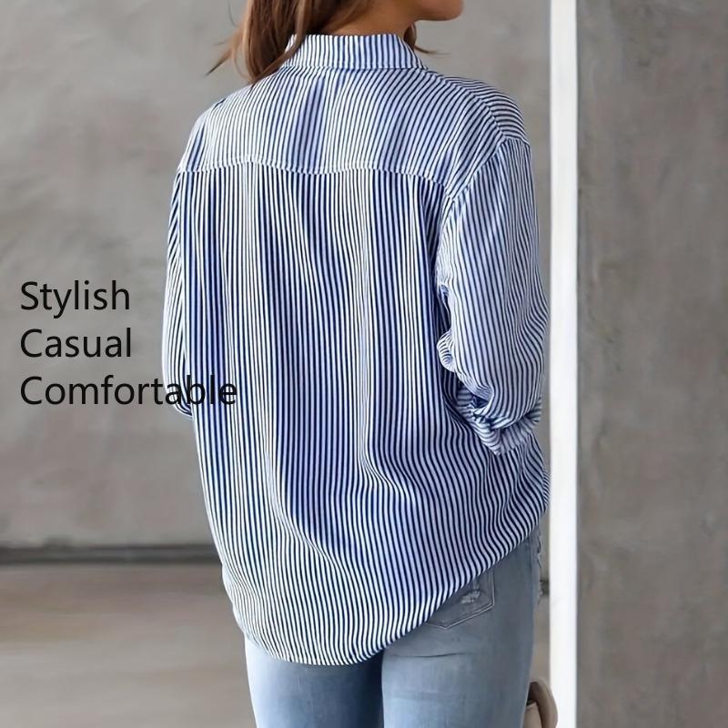 Women's Fashion Casual Spring Fall Stripe Print Long Sleeve POLO Neck Blouses & Shirts