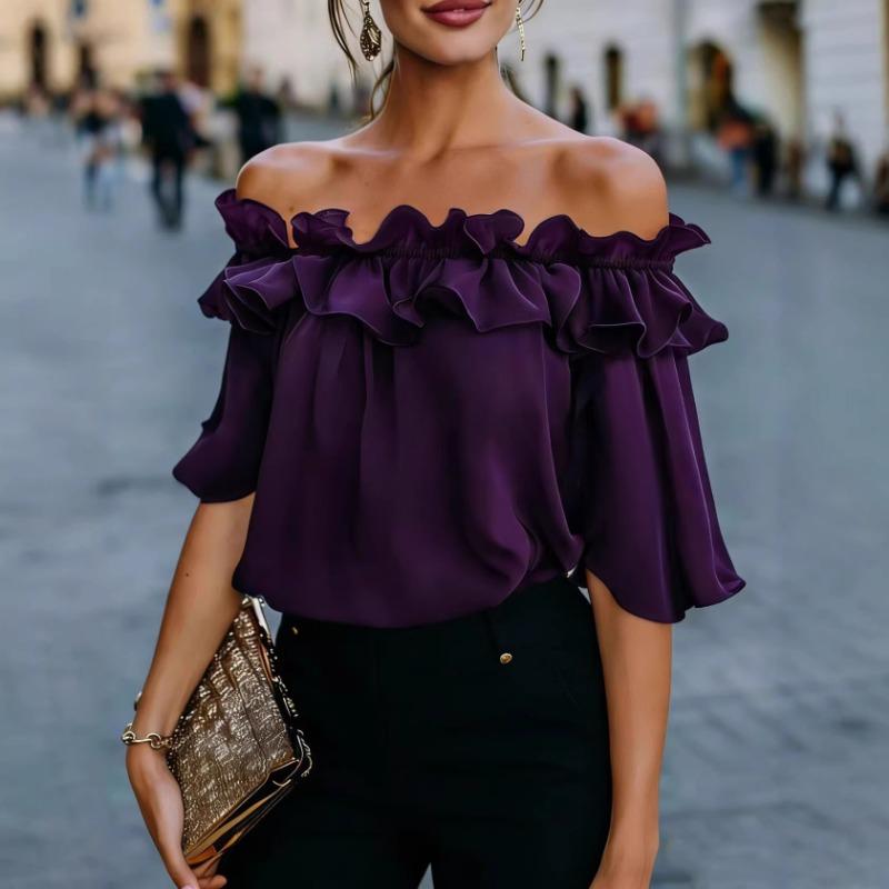 Damen Marineblau Off-Shoulder Rüschenbesatz Ausgestellte Ärmel Bluse