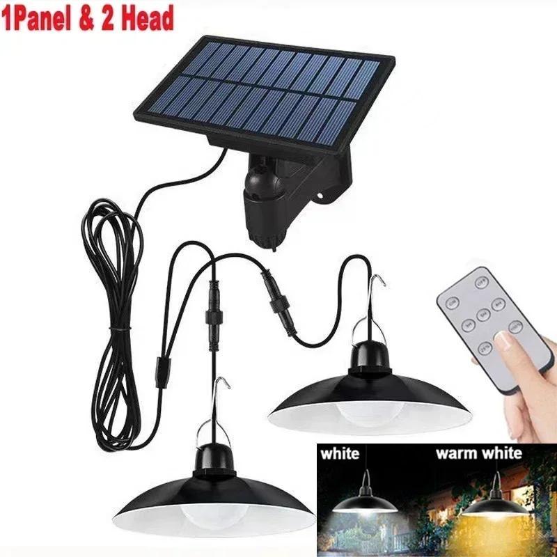Solar Pendant Light Outdoor Waterproof LED Lamp Double-head Chandelier Decorations with Remote Control for Indoor Shed Barn Room