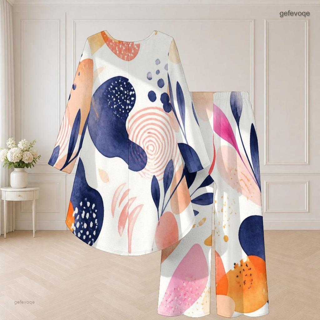 Women Plus Size Two Piece Set Round Neck Long Sleeve Printed High Low Top Wide Leg Pants