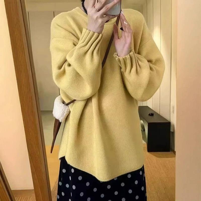 Crew neck retro cuff pleated knitted sweater women's autumn and winter new versatile loose soft waxy solid color pullover sweater