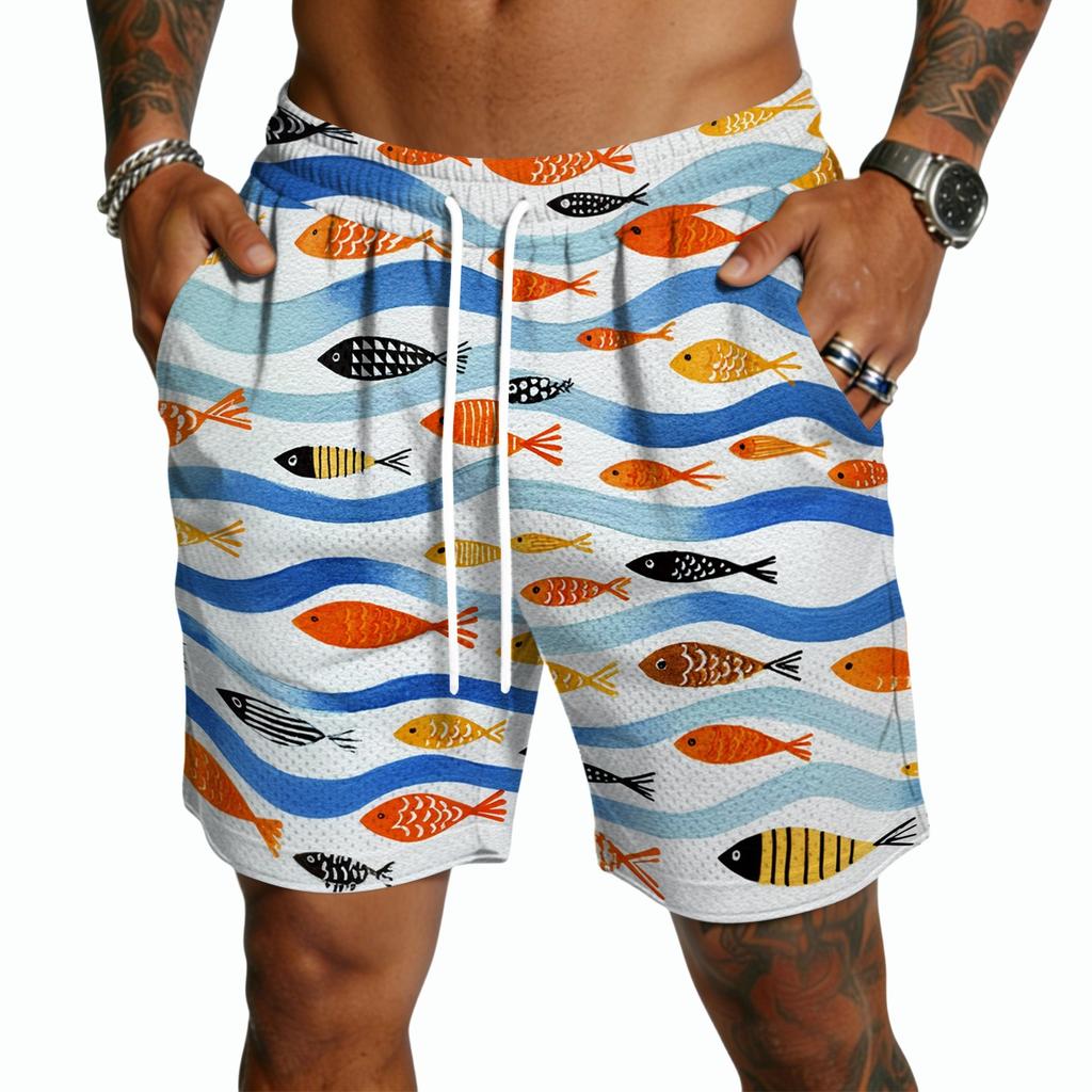 Herren Freizeitshorts mit Kordelzug Leichte Schnelltrocknende Fünf-Punkt-Länge Strandbekleidung Hawaiianischer Print Sommer Sportbekleidung