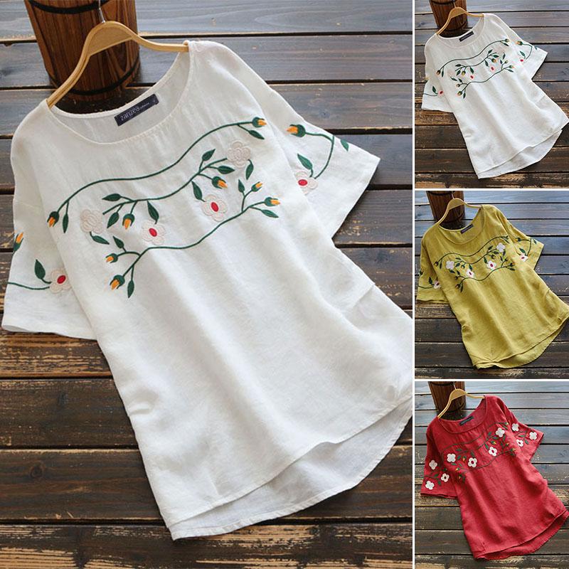 ZANZEA Women Summer Cotton Printed Tops T-Shirt Crew Neck Loose Tee Shirt Blouse
