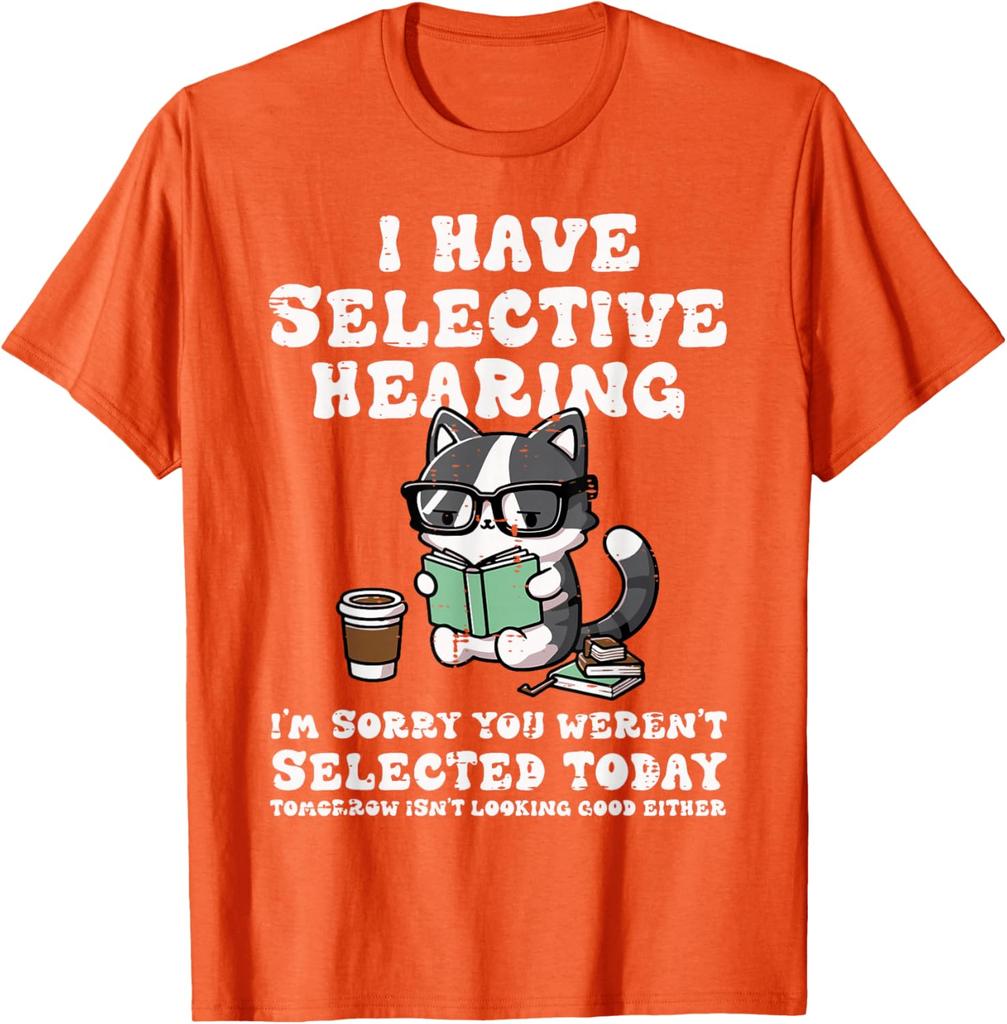 Funny Selective Hearing Cat Reading Graphic Tee Casual Cotton Short Sleeve TShirt for Men