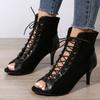 Sandals Hollow Mesh Heels Women's Shoes Summer 2026 Trend Black Lace-Up Sexy Peep Toe Boots Stilettos Jazz Dance Female Shoes