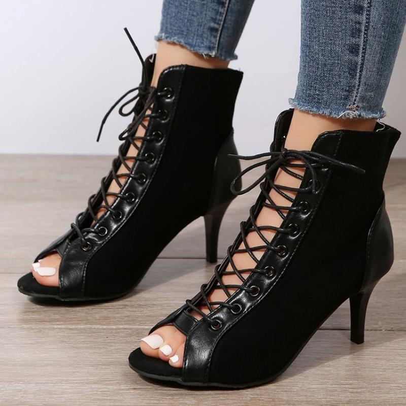 Sandals Hollow Mesh Heels Women's Shoes Summer 2026 Trend Black Lace-Up Sexy Peep Toe Boots Stilettos Jazz Dance Female Shoes