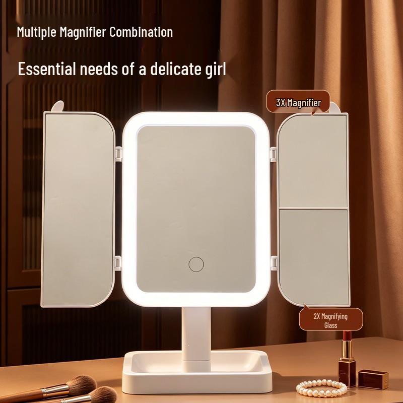 LED-Lit, Double-Sided, Triple-Fold Makeup Mirror with Rotating Desktop Stand and Three-Color Dimming for Girls