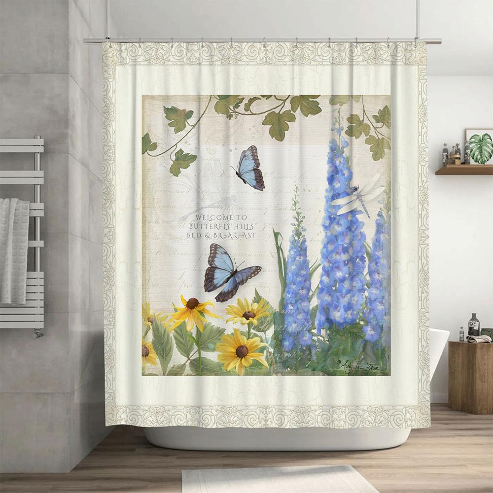 High-Quality Floral Shower Curtain With Rustic Bathroom Decor In Blue Yellow Colors Printed Fabric Waterproof Washable For Home