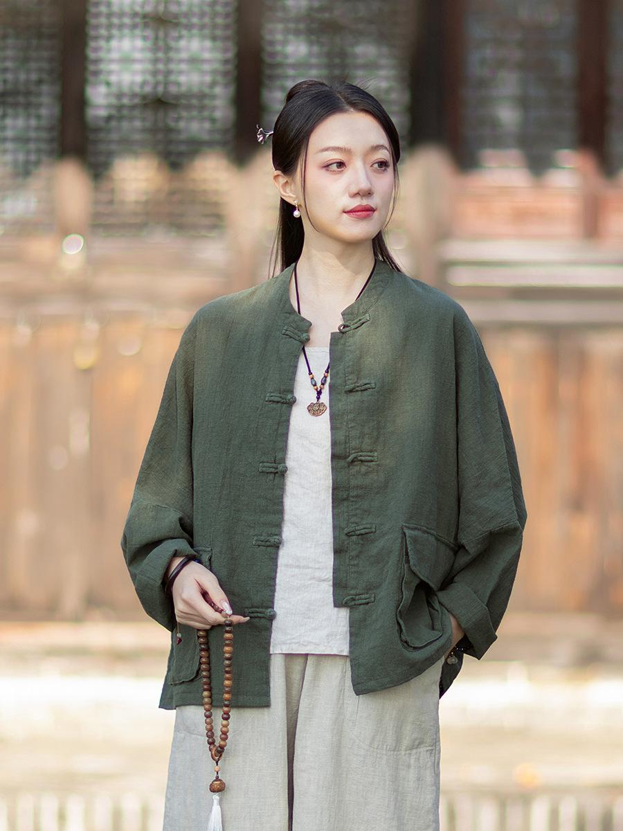 

2026 Spring Women s Retro Cotton-Linen Cardigan - Artistic Stand Collar Frog Button Loose Coat One Size