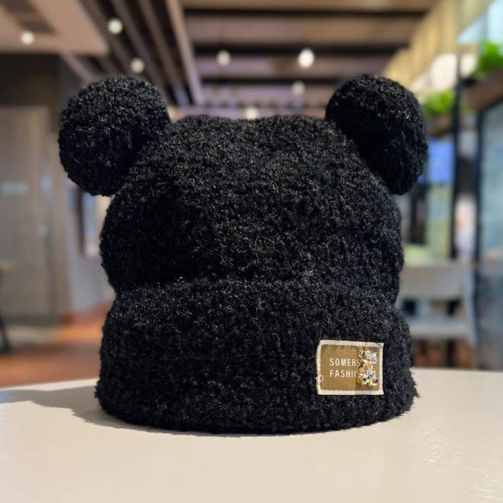 Solid Color Knitted Warm Cap Thickened Bear Ear Hat Fashion Plush Cap  Winter Outdoor