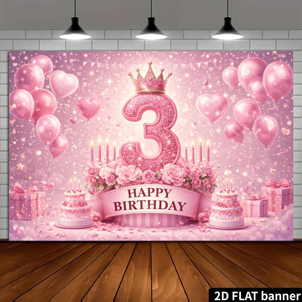 2D-Ebene 3. Geburtstag Party Banner Hintergrund - Rosa glitzernde Zahl 3 Thema kombiniert mit Kronen und rosa Herzballons