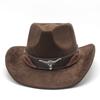 Retro Bull Head Western Cowboy Hat Men And Women, Tibetan Suede Jazz Hat, Big-Brimmed Top Hat