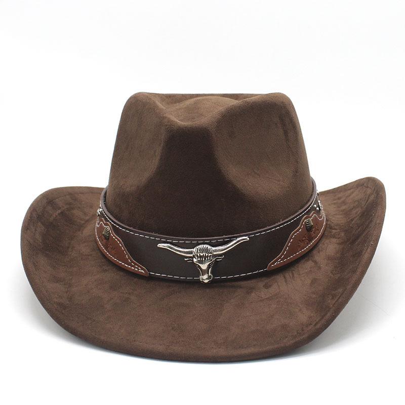 Retro Bull Head Western Cowboy Hat Men And Women, Tibetan Suede Jazz Hat, Big-Brimmed Top Hat