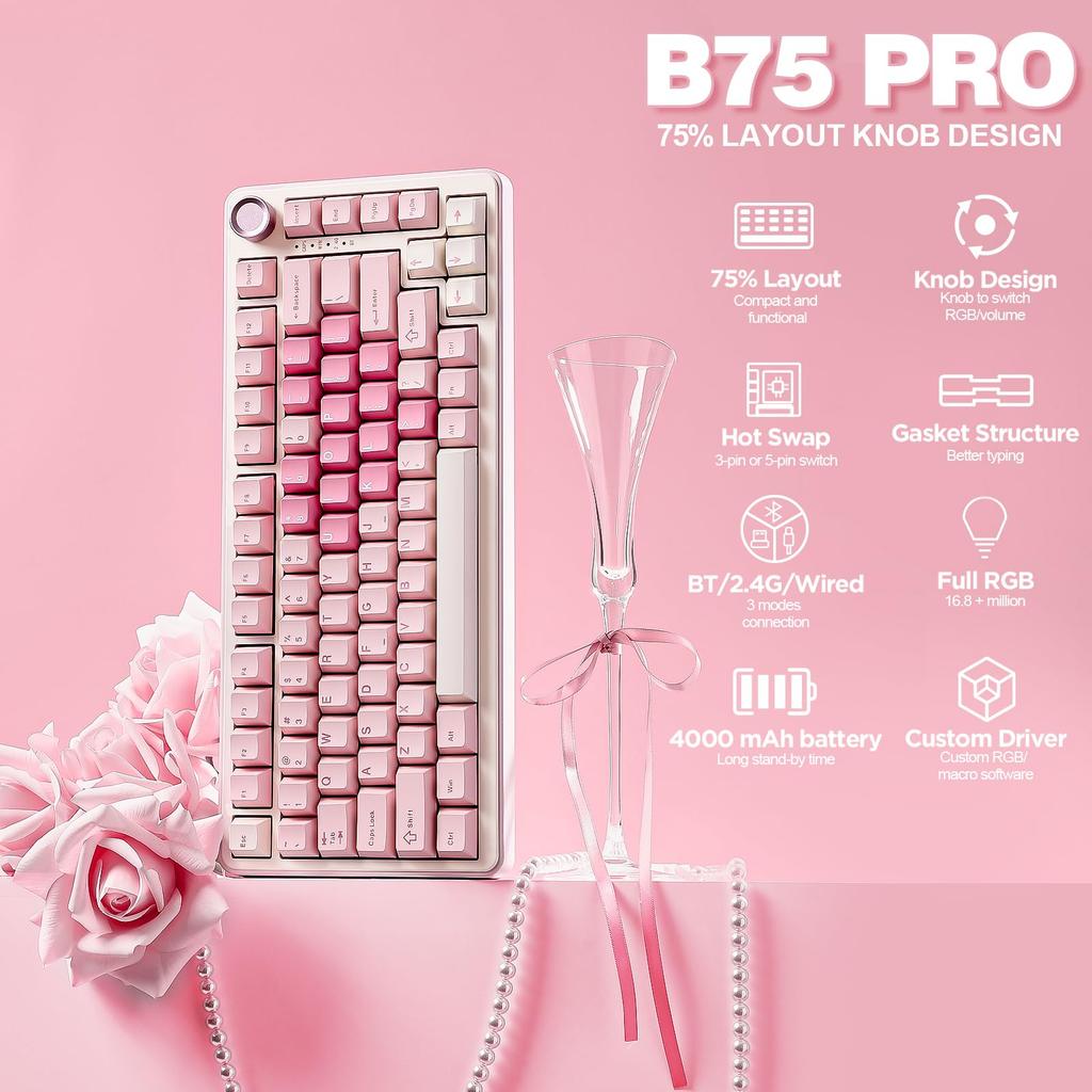 YUNZII B75 PRO 75% Gaming Mechanical Keyboard Gasket RGB Wireless BT 2.4G Wired Knob