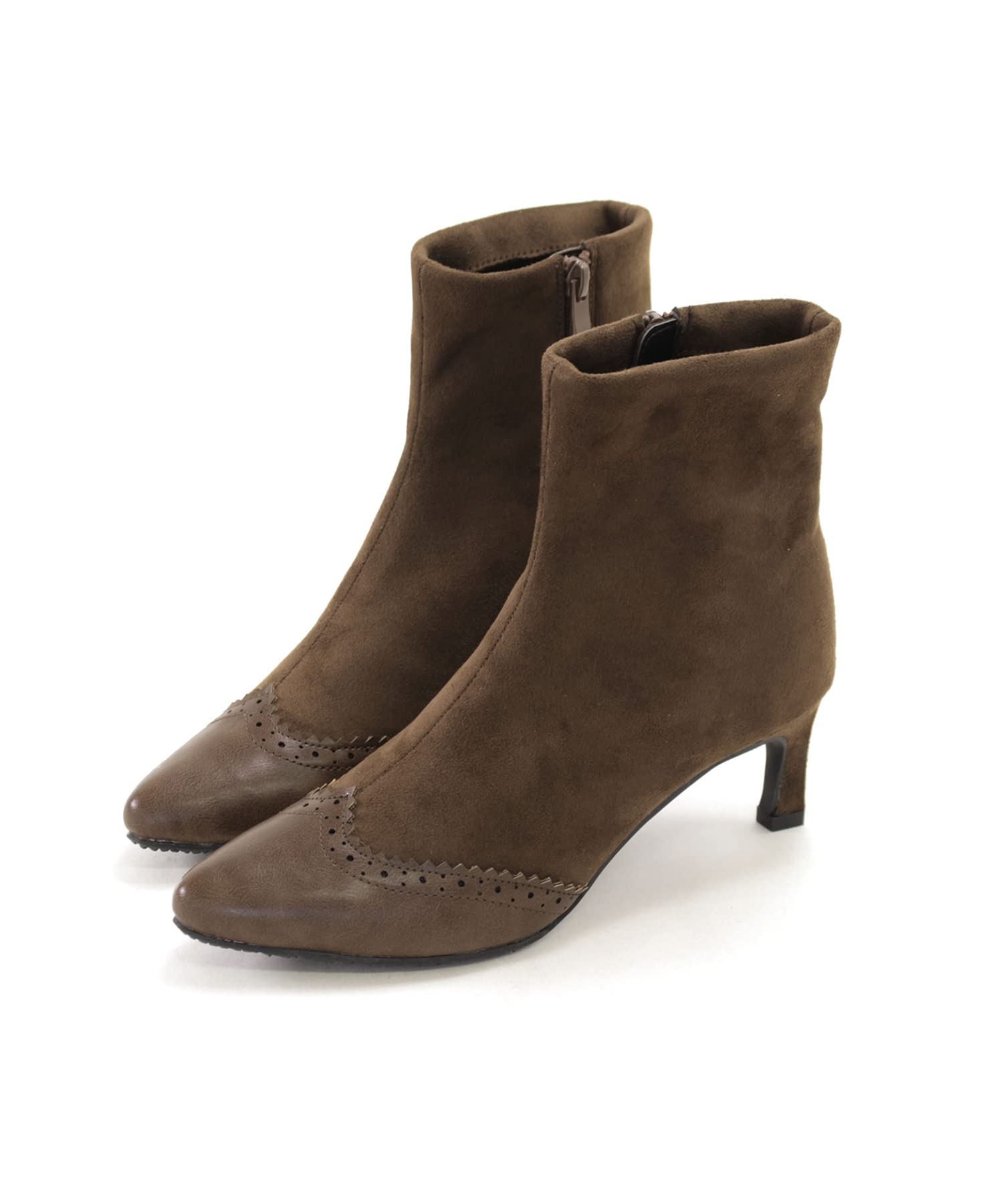 

Wingtip Stretch Straight Heel Short Boots for [Sest] Women, LL, Camel, dkb1201-CM-LL