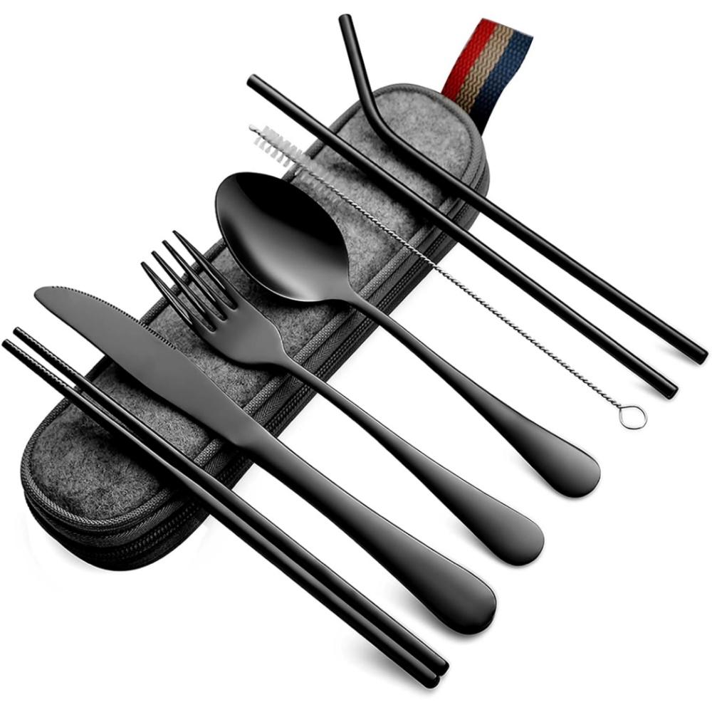 Tableware Reusable Travel Cutlery Set Camp Utensils Set with Stainless Steel Spoon Fork Chopsticks Straw Portable Case