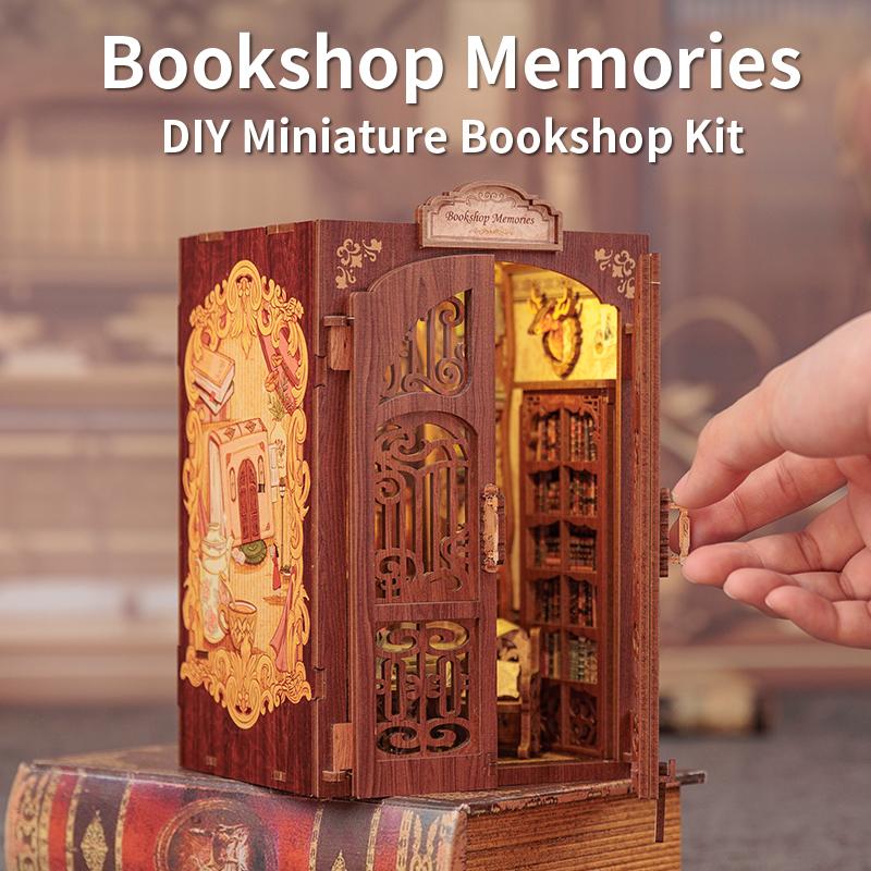 1PC DIY Book Nook Kit Miniature Wooden Dollhouse with Light Bookshelf Insert Decoration Model for Gifts Bookshop Memories